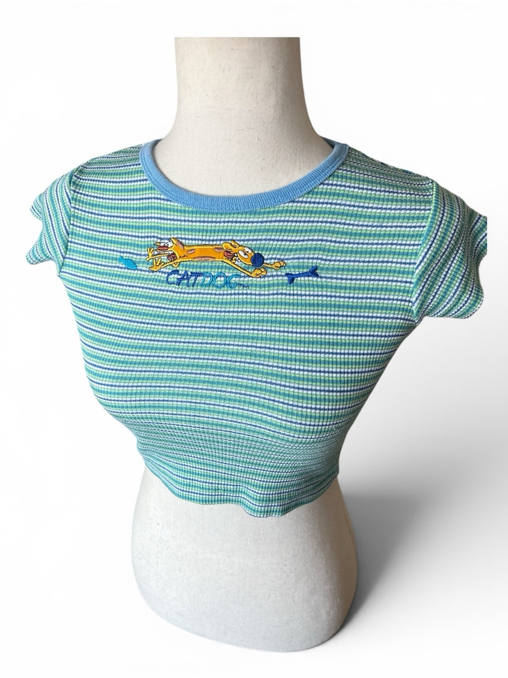 1999 Nickelodeon Green & Blue Striped Tee with Cartoon CatDog